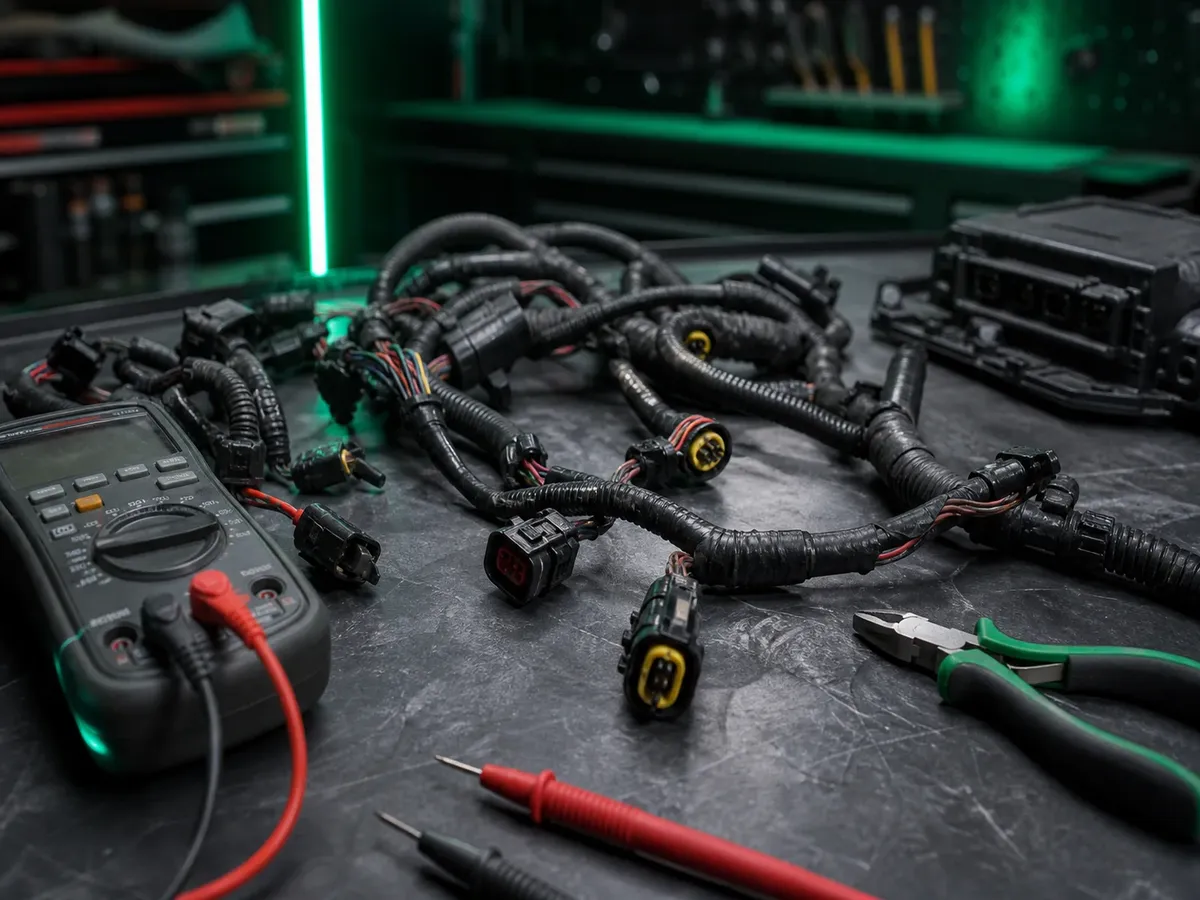Kabelbaum und Messgeräte auf dunklem Werktisch in der Autoelektrik-Werkstatt