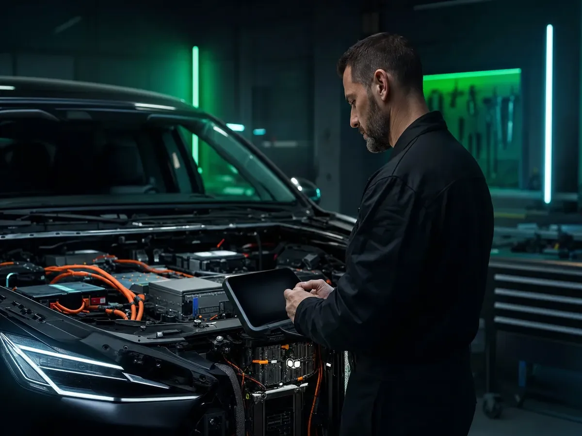 Diagnosegerät und Autoelektrik-Komponenten in dunkler Werkstattumgebung