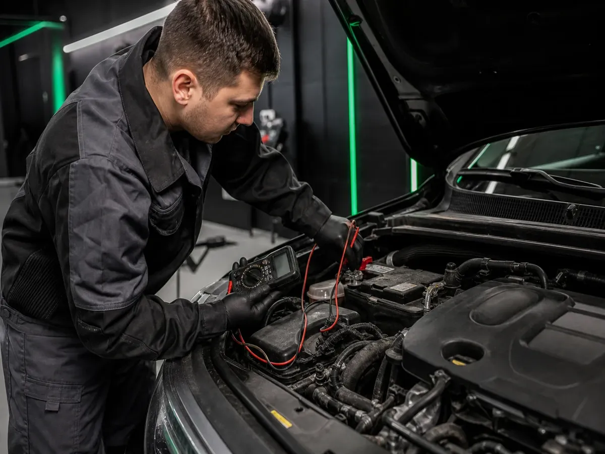 Techniker prüft Fahrzeugbatterie mit Messgerät